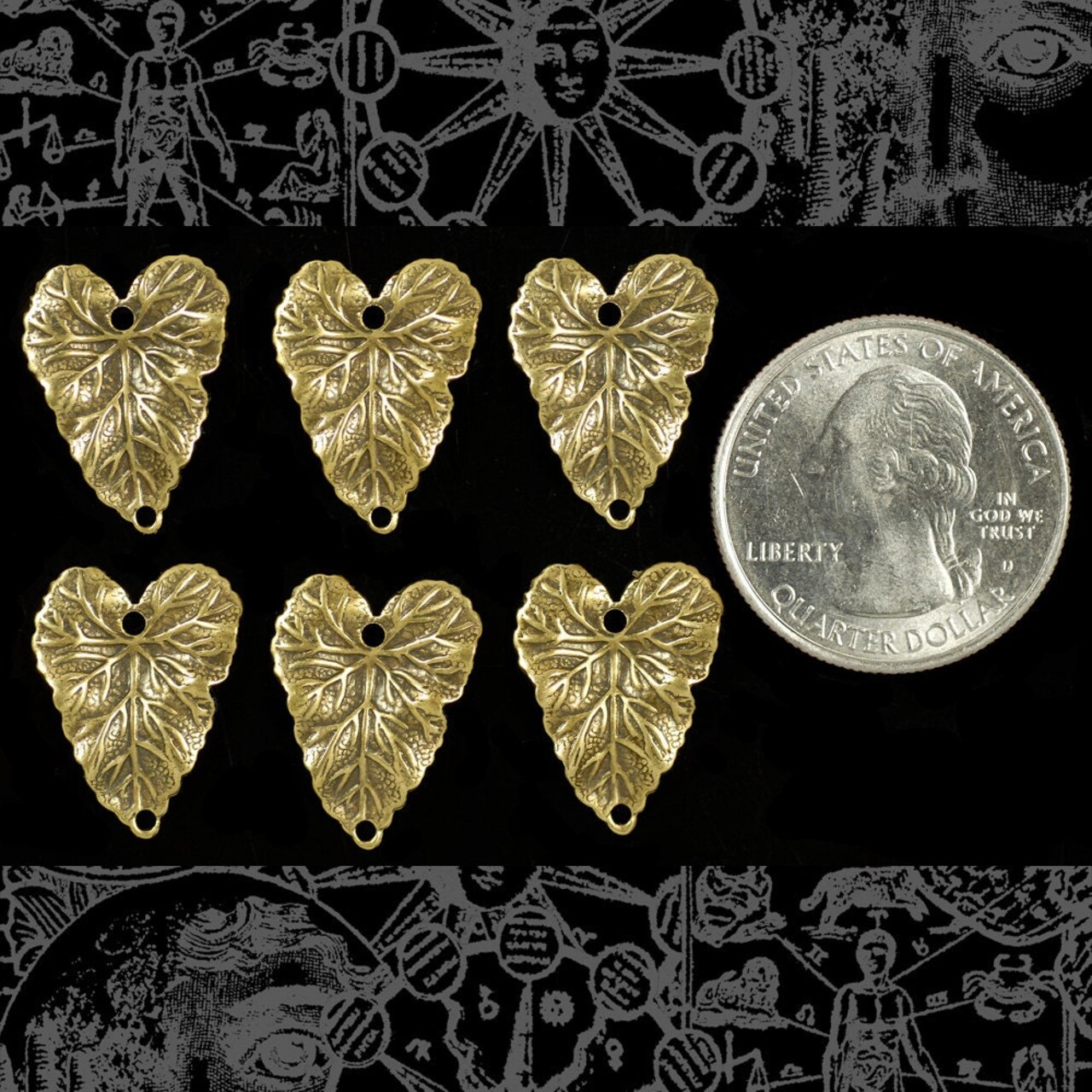 Antiqued Brass Heart-Shaped Leaf Connectors - Set of Six - AB-2C60